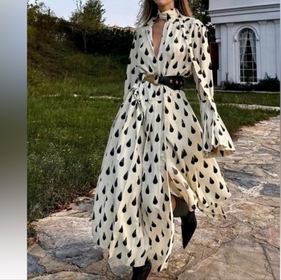 H&M STUDIO A/W 2023 GRAPHIC-PRINT PLEATED Maxi DRESS cream/black NO LOW BALLING! - Picture 4 of 16